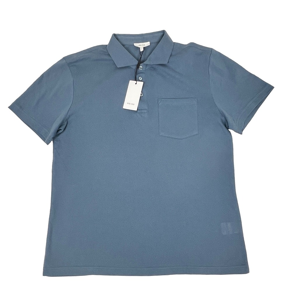 Reiss Beckton Mens Blue Textured Knit Airtech Short Sleeve Polo Shirt Size L